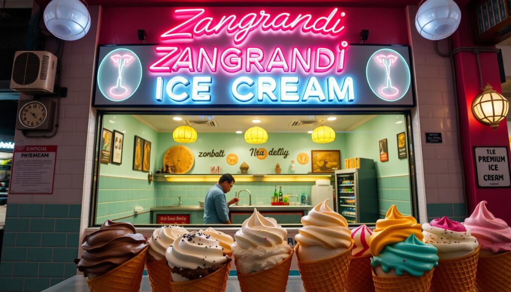 A classic ice cream parlor in the heart of Surabaya, Indonesia. The facade of Zangrandi Ice Cream is adorned with vintage neon signage, evoking a nostalgic 1950s ambiance. Through the large windows, glimpse the interior's retro-inspired design - pastel-colored tiles, chrome accents, and classic soda fountain-style seating. In the foreground, display a diverse array of premium ice cream flavors, from rich chocolate to vibrant fruit sorbets, all scooped into classic waffle cones. Capture the welcoming atmosphere as patrons enjoy their frozen treats, surrounded by the timeless charm of this beloved Surabayan institution.