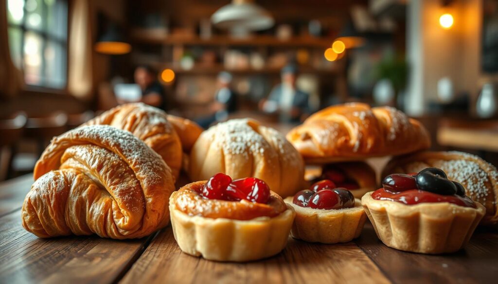 A close-up photograph of an assortment of handcrafted pastries arranged on a rustic wooden table against a blurred background of a cozy Surabaya cafe. The pastries include flaky croissants, pillowy brioche, and delicate tarts filled with luscious fruit compotes. Warm, diffused lighting casts a soft glow, highlighting the intricate textures and vibrant colors of the freshly baked treats. The scene exudes a sense of artisanal care and attention to detail, inviting the viewer to imagine the skilled hands that carefully prepared these tempting delights.