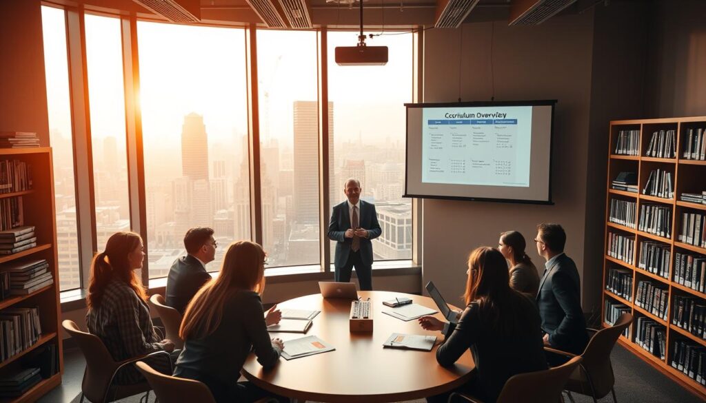 A modern, airy classroom setting with large windows overlooking a bustling city skyline. At the center, a group of attentive students sit around a table, intently discussing financial statements and accounting principles. The warm, natural lighting casts a contemplative mood, as the professor, dressed in a sharp, professional attire, guides the discussion, gesturing towards a projection screen displaying a curriculum overview. Shelves of accounting textbooks and certifications line the walls, creating an atmosphere of academic rigor and practical application. The scene conveys the perfect balance of theoretical knowledge and hands-on experience in preparing students for successful careers in public accounting.