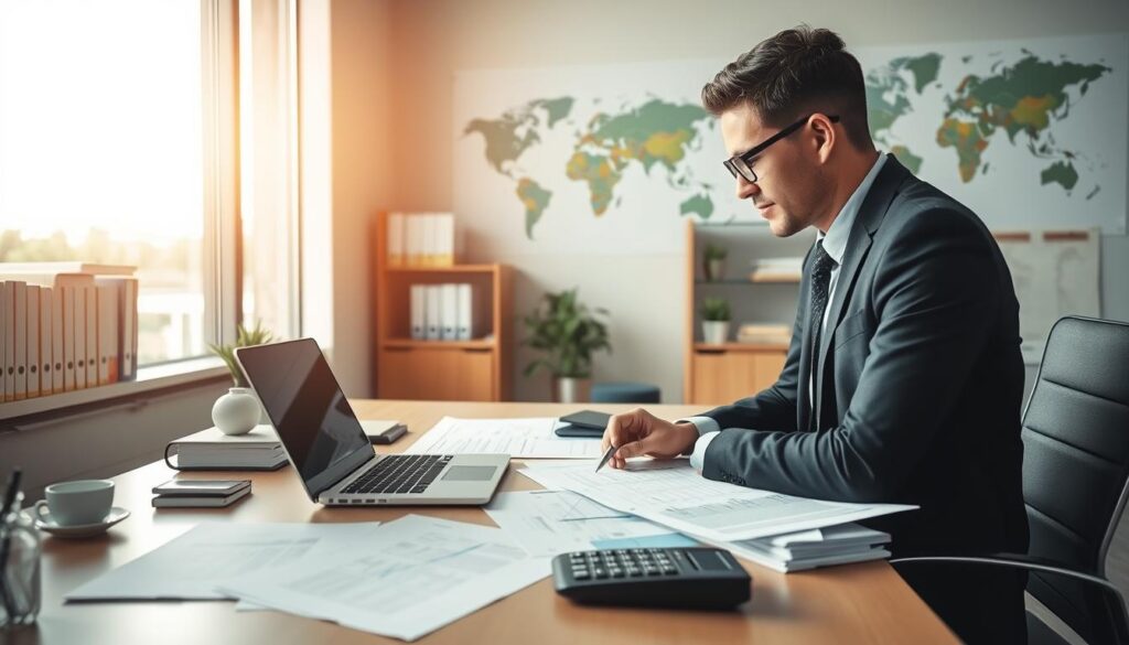 A modern office interior with a professional accountant working at a desk, surrounded by financial documents, a laptop, and a calculator. Soft natural lighting filters in through large windows, creating a warm and productive atmosphere. In the background, a bookshelf filled with accounting textbooks and a world map on the wall, suggesting the global nature of the accounting profession. The accountant is dressed in business attire, focused on their work, symbolizing the rigor and attention to detail required in the field of public accounting.