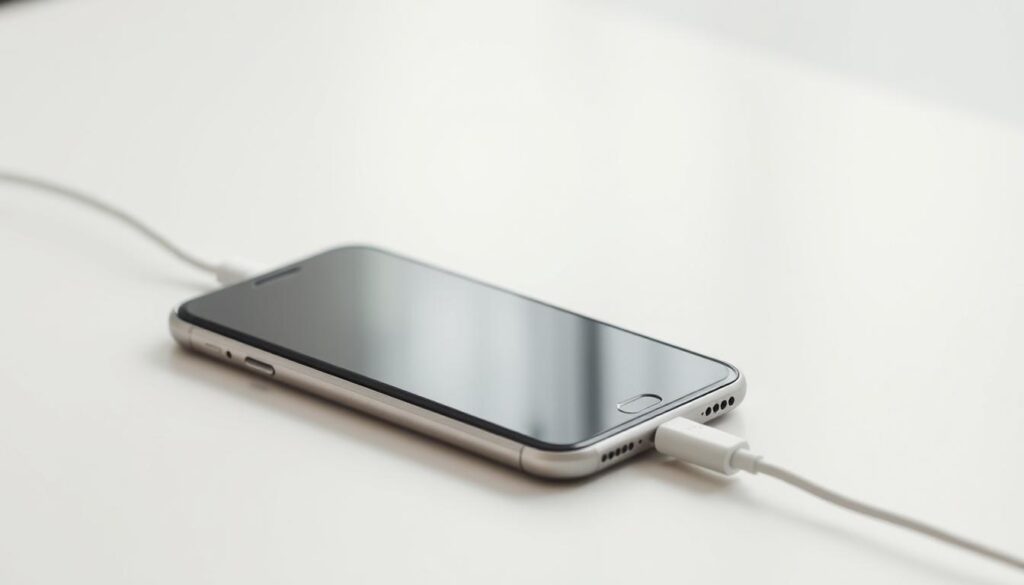 A mobile phone charging with a low-profile, minimalist design. The phone is placed on a clean, neutral-colored surface, with a power cable neatly connected. The lighting is soft and diffused, creating a calming, focused atmosphere. The angle showcases the phone's screen, emphasizing the charging process. The background is blurred, keeping the attention on the charging device. The overall composition is elegant and serene, reflecting the "practical steps" theme of the section. A mobile phone charging with a low-profile, minimalist design. The phone is placed on a clean, neutral-colored surface, with a power cable neatly connected. The lighting is soft and diffused, creating a calming, focused atmosphere. The angle showcases the phone's screen, emphasizing the charging process. The background is blurred, keeping the attention on the charging device. The overall composition is elegant and serene, reflecting the "practical steps" theme of the section.