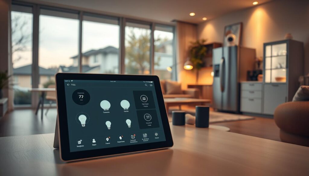 A modern, smart home interior showcasing IoT devices in action. In the foreground, a sleek tablet displays a smart home control interface with various connected appliances like a thermostat and smart bulbs. The middle ground features a stylish living room with a connected fridge, smart speakers, and a security camera subtly integrated into the decor. In the background, large windows reveal a view of a vibrant neighborhood, emphasizing the connection between technology and everyday life. The scene is illuminated by warm, inviting lighting, casting soft shadows that create a cozy atmosphere. The angle suggests a slight bird's eye view, providing a comprehensive look at the interconnected devices while maintaining a professional and engaging ambiance.