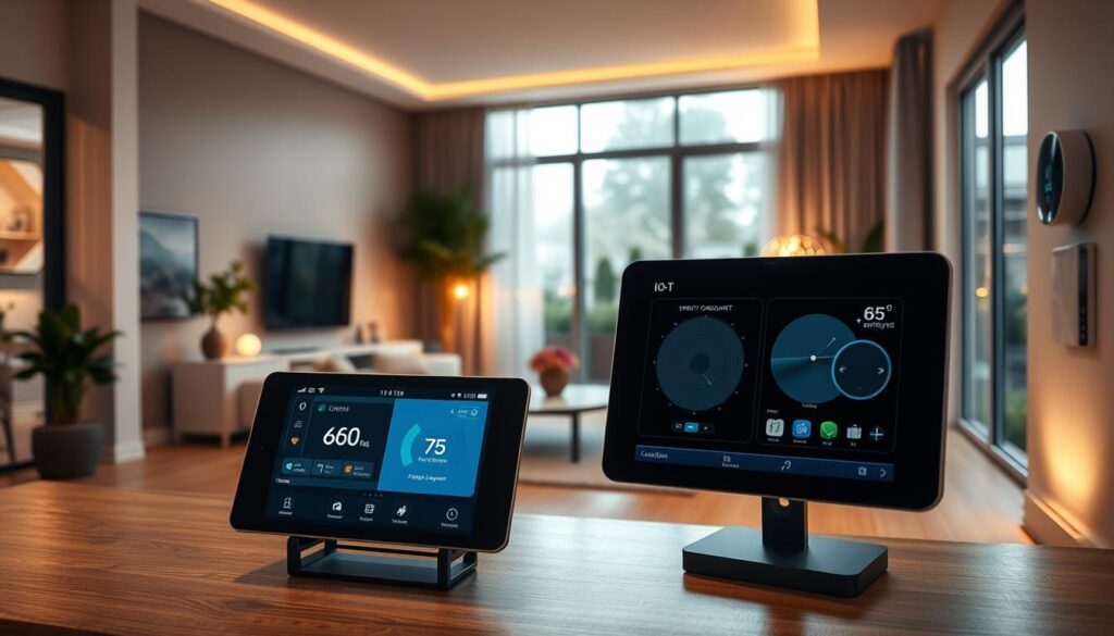 A modern smart home interior showcasing various IoT applications. In the foreground, a sleek touchscreen control panel displays energy consumption, lighting settings, and temperature controls. The middle ground features an intelligently designed living room with smart appliances, like a voice-controlled assistant on a coffee table, automated lighting, and a smart thermostat on the wall. In the background, large windows reveal a view of a smart garden with automated watering systems and solar-powered outdoor lights. Soft, ambient lighting creates a cozy yet technologically advanced atmosphere. The angle is a wide shot, capturing the seamless integration of technology into everyday home life, with a focus on elegance and functionality.