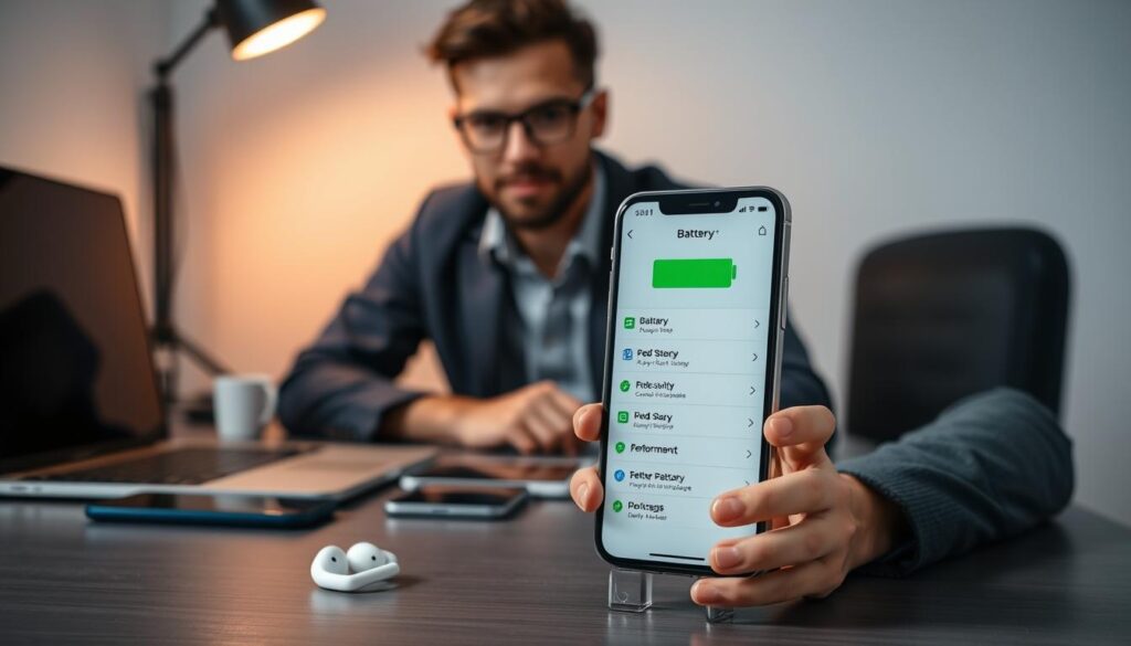 A tech-savvy individual, dressed in smart casual attire, is seated at a well-organized desk with multiple devices, including an iPhone displaying a battery management interface. In the foreground, the iPhone screen shows a partially filled battery icon alongside app settings related to battery efficiency and performance. In the middle ground, various tech gadgets are arranged neatly, such as a laptop and wireless earbuds, enhancing the modern, tech-focused atmosphere. The background features soft, diffused lighting, suggesting a calm workspace. The overall mood is productive and insightful, emphasizing helpful tips for managing battery life and performance, focused on iPhone optimization after update issues. The scene is captured from a slightly elevated angle to provide a comprehensive view of the desk setup.