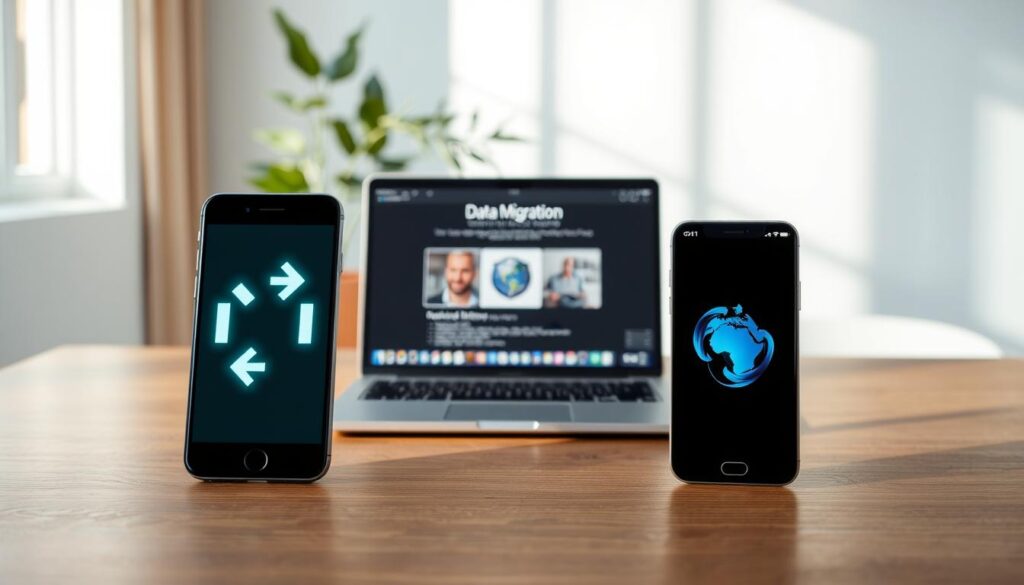 A creative workspace depicting a seamless data transfer between an Android smartphone and an iPhone. In the foreground, two sleek devices are positioned side by side, glowing softly with digital connection symbols such as arrows or flowing data streams. In the middle ground, a laptop displays a user-friendly migration interface, emphasizing user accessibility. The background features a modern office setup with soft, diffused lighting, maybe a plant or bookshelves to enhance a professional atmosphere. Soft shadows cast by natural light create a calm and inviting mood, suggesting ease and simplicity in the transfer process. The image captures the essence of technology bridging gaps between platforms, conveying efficiency and clarity.