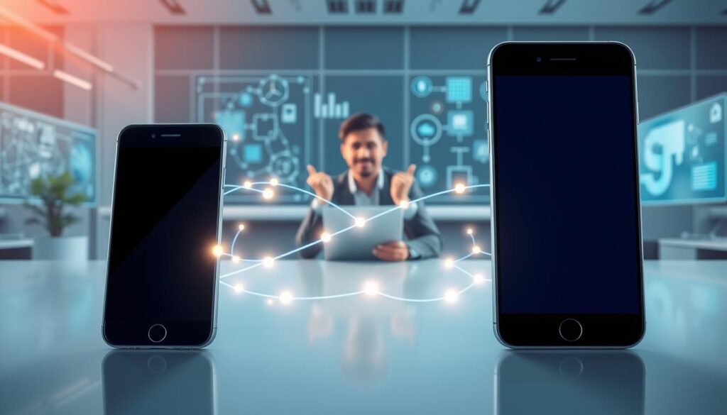 A detailed illustration of the data transfer process between Android and iPhone devices, featuring two smartphones positioned at the forefront, emitting visible data streams represented by glowing lines and dots. In the middle ground, include a sleek, modern office environment where a professional individual, dressed in smart, casual attire, sits at a desk, enthusiastically overseeing the transfer. The background showcases a digital interface with icons and graphics symbolizing seamless connectivity and data migration. The scene is illuminated with soft, ambient lighting that creates a focused yet dynamic atmosphere, emphasizing innovation and technology. Capture a perspective that enhances the sense of engagement and clarity in the data transfer process.