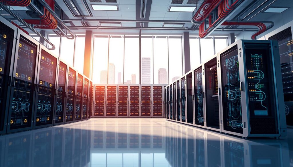 A detailed illustration of the technical specifications and architecture of the Eagle supercomputer on Microsoft Azure. In the foreground, prominently feature a sleek, modern supercomputer system, showcasing advanced cooling systems and intricate circuitry with glowing LED lights. The middle ground captures an organized data center room, filled with rows of high-performance servers, interconnected with colorful fiber optic cables. In the background, large windows reveal a futuristic cityscape bathed in natural light. The lighting is bright and high-contrast to emphasize the technological aspects, while the overall mood is one of innovation and sophistication. The angle is a dynamic perspective looking slightly upward, conveying the grandeur of the supercomputer's design.