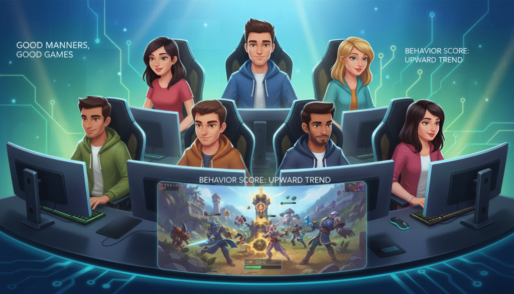 A digital artwork illustrating the concept of improving behavior scores in Dota 2. In the foreground, a diverse group of gamers, both men and women, are sitting in ergonomic chairs, focused intensely on their computer screens, wearing casual yet tidy clothing. Their faces display concentration and determination. In the middle ground, a vibrant Dota 2 fantasy landscape is visible, featuring iconic game elements like heroes and towers in action. The background features a smooth, glowing gradient representing a digital atmosphere, with circuit patterns subtly integrating into the design. The scene is brightly lit, emphasizing positivity and teamwork, captured from a slightly elevated angle to create depth and engagement. The mood is encouraging and motivational, reinforcing the message of clean and fair gameplay.