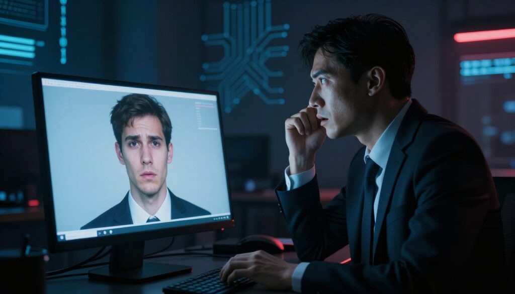 A dramatic scene highlighting the threat of digital security breaches with deepfake technology. In the foreground, a sleek computer screen displays a realistic yet distorted face, symbolizing deepfake manipulation. The middle layer features a silhouette of a concerned professional in business attire, observing the screen with a look of alarm. The background is a dimly lit cyber environment, filled with circuit patterns and binary codes, emphasizing a high-tech atmosphere. Soft blue and red lighting casts an eerie glow across the scene, enhancing the tension. The angle should be slightly above eye level to create a sense of urgency and importance, inviting viewers to consider the implications of deepfake technology in social media. The overall mood is one of caution and seriousness, reflecting the critical need for deepfake detection tools.