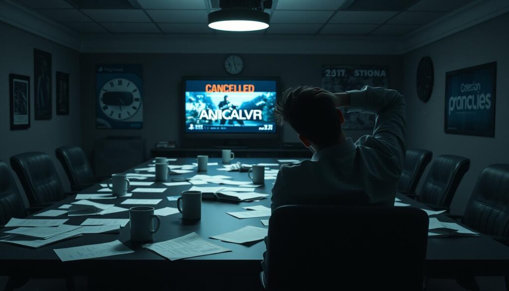 A somber, dimly lit office space with a focus on a large conference table strewn with game design papers and empty coffee cups. In the foreground, a frustrated developer, dressed in smart casual attire, leans back in their chair, hands on their head, portraying a sense of despair. In the middle, a computer screen displays a canceled game announcement with graphics that hint at gameplay, while the background features posters of the game and a wall clock indicating late hours. The room is atmospheric, illuminated by a single overhead light that casts shadows, enhancing the mood of disappointment and frustration surrounding the sudden cancellation of a highly anticipated PS VR2 game. The overall composition evokes a sense of lost potential and hard work.