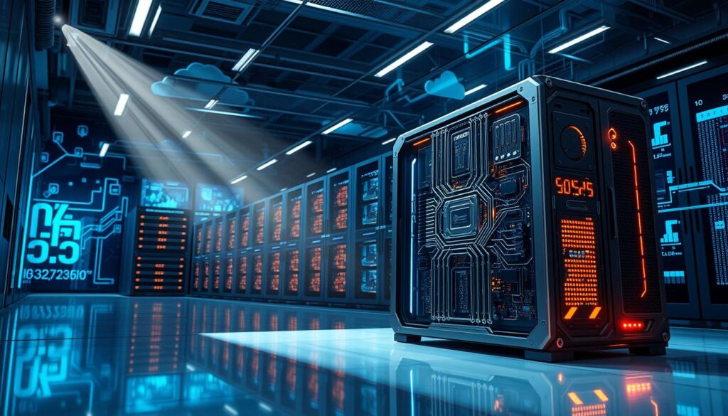 A stunning visualization of a state-of-the-art supercomputer showcasing its impressive performance and capabilities. In the foreground, a sleek, futuristic supercomputer with intricate circuit designs and glowing elements that emphasize its advanced technology. The middle ground features a high-tech data center environment, with organized rows of servers and digital displays reflecting real-time performance metrics. The background includes abstract representations of cloud computing and data streams, with a blue and silver color palette conveying innovation and efficiency. Soft, ambient lighting enhances the high-tech atmosphere, while rays of light highlight the supercomputer's features. Capture this moment from a slightly elevated angle for a dynamic perspective, evoking a sense of awe and sophistication.