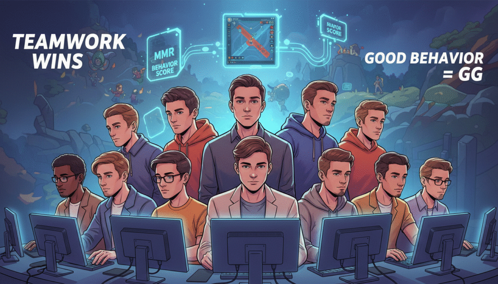 A vibrant and dynamic illustration representing synergy of skills and positive behavior for consistent victories in a gaming context. In the foreground, a diverse group of professional gamers, dressed in smart casual attire, are strategically collaborating around computer screens displaying the Dota 2 interface. Their expressions reflect focus and determination. In the middle ground, floating graphical elements symbolize game statistics—MMR and Behavior Score—glowing brightly, interconnected by lines that signify teamwork and harmony. The background features a stylized Dota 2 battlefield, illuminated by ambient light, creating an engaging atmosphere of competition and camaraderie. The overall mood is inspiring, highlighting the importance of strategic cooperation and good behavior in achieving success.