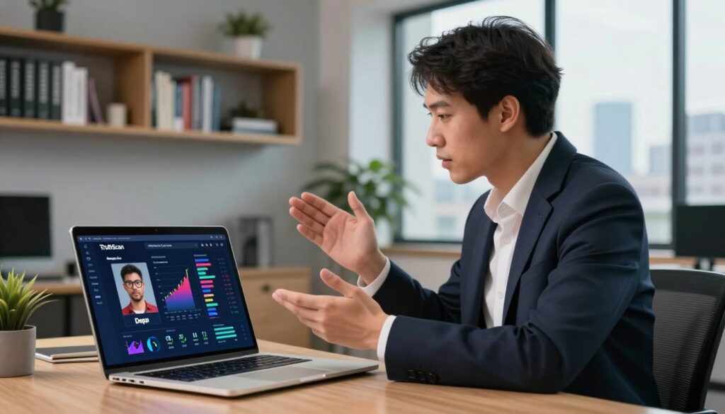A visually engaging guide on using the deepfake detector from TruthScan, featuring a professional individual in business attire. The foreground displays a laptop screen showing the TruthScan interface with vivid graphs and analysis visuals about deepfake detection accuracy. In the middle, the individual interacts with the laptop, gesturing to the screen, showcasing their engagement and understanding. The background is a softly lit modern office space with tech-inspired decor, including a bookshelf filled with technology books and a large window displaying a cityscape outside. The scene is well-composed, with a warm and inviting atmosphere, emphasizing professionalism and the importance of deepfake detection technology. The lighting is bright and focused on the subject, creating a sense of clarity and purpose.