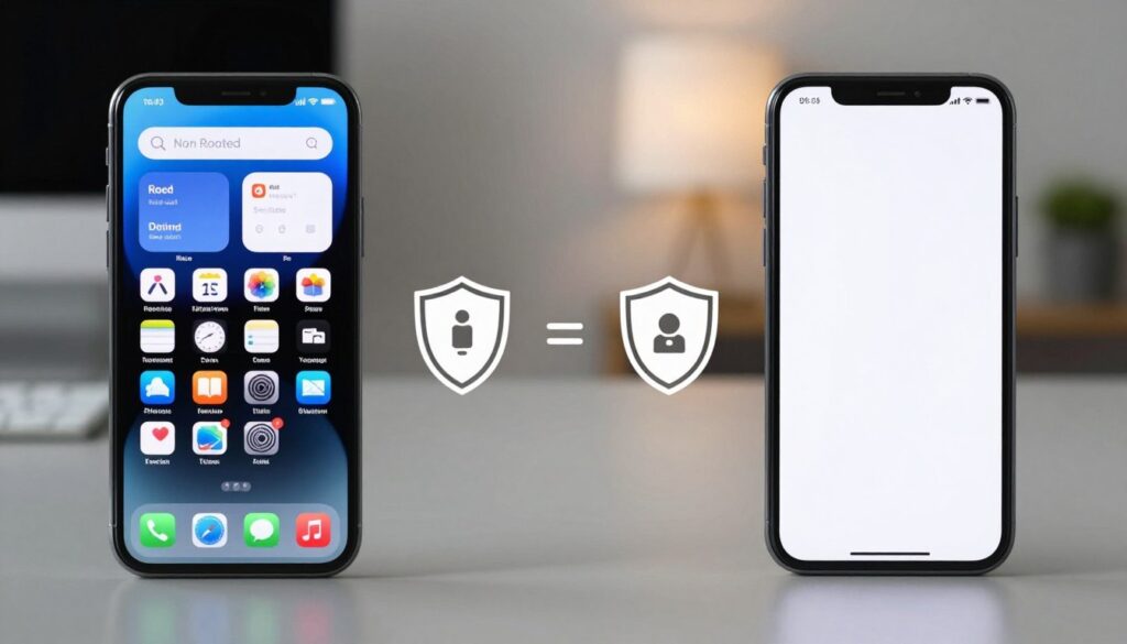 A detailed comparison image showcasing a rooted and non-rooted smartphone setup. In the foreground, depict two smartphones side by side: the left one showing advanced system features and apps on a rooted device, and the right one displaying a clean interface typical of a non-rooted smartphone. In the middle ground, illustrate icons representing risks and benefits, with a shield symbol near the non-rooted phone to signify safety. The background should feature a sleek, modern workspace with subtle lighting, conveying a professional atmosphere. Use a soft focus lens effect to create depth, emphasizing the key differences between the two methods. The overall mood should be informative and professional, targeting tech-savvy audiences interested in smartphone customization.