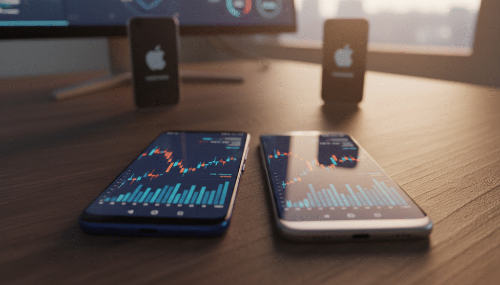 A dynamic and engaging scene showcasing the competitive landscape in smartphone pricing, featuring a close-up of two sleek Xiaomi smartphones on a stylish wooden desk, reflecting modern technology. In the background, blurred silhouettes of rival brands like Samsung and Apple, symbolizing competitive tension. Soft, diffused lighting creates a professional and analytical atmosphere, with warm tones enhancing the mood of strategic insight. The scene is captured from a slight overhead angle, emphasizing the focal smartphones while still conveying the broader competitive context. No people are included, ensuring a clean and unobstructed focus on the devices. The overall composition illustrates a high-stakes pricing analysis environment without any text or distractions.