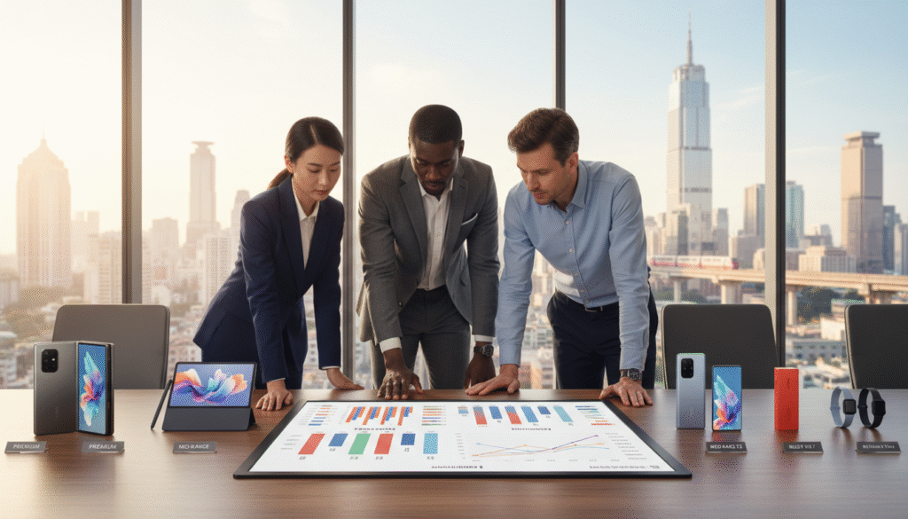 A dynamic corporate scene illustrating the pricing strategy of Xiaomi for different market segments. In the foreground, a diverse group of three professionals—two men and one woman—are engaged in a focused discussion over a large digital tablet displaying graphs and charts. The middle ground features a sleek modern conference table filled with product models of Xiaomi smartphones, tablets, and accessories, showcasing varying price points. The background reveals a large window overlooking a bustling cityscape, with soft natural light illuminating the room, creating a bright and optimistic atmosphere. The image captures a sense of innovation and strategic planning, with the professionals dressed in smart business attire, emphasizing the analytical nature of the discussion.