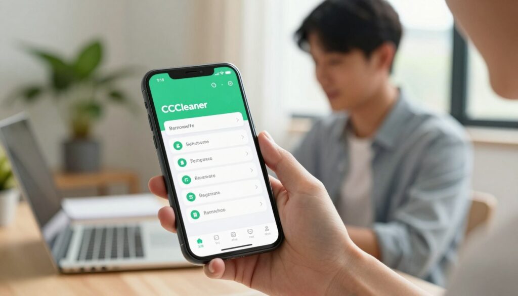 A modern smartphone displaying the CCleaner app interface prominently in the foreground, showcasing bloatware removal options on the screen. In the middle ground, a user, a young professional dressed in casual but neat attire, is focused on the smartphone, illustrating a sense of engagement and empowerment. The background features a cozy, well-lit office environment with a laptop and a plant, creating a productive atmosphere. Soft, diffused natural light filters in through a nearby window, adding warmth and clarity to the scene. The angle is slightly overhead, giving a clear view of the smartphone and user interaction, emphasizing the theme of using third-party applications to enhance smartphone performance. The overall mood is optimistic and informative, suitable for a tech-focused article.